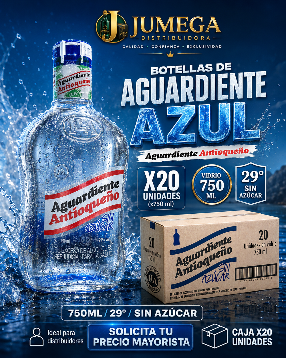 Caja Aguardiente Antioqueño sin Azúcar Azul x20 Botellas 750 ml
